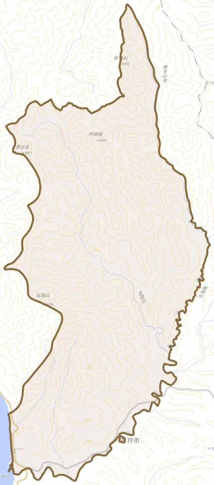 厚田区厚田とその周辺の地図。町の範囲を重ねている