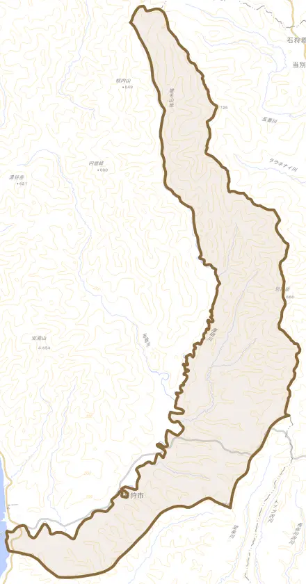 厚田区別狩とその周辺の地図。町の範囲を重ねている