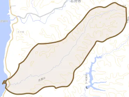 厚田区古潭とその周辺の地図。町の範囲を重ねている