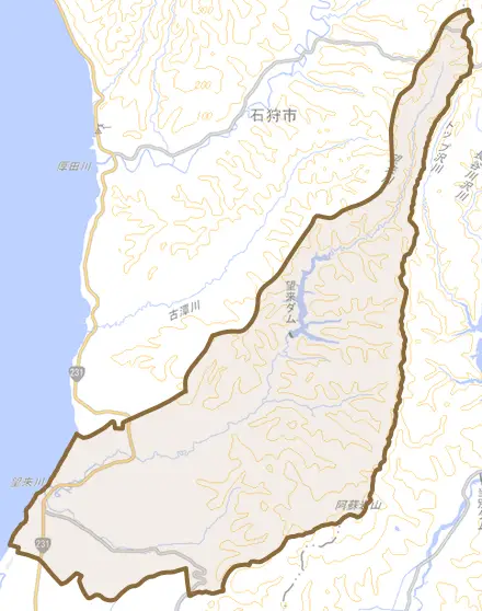 厚田区望来とその周辺の地図。町の範囲を重ねている