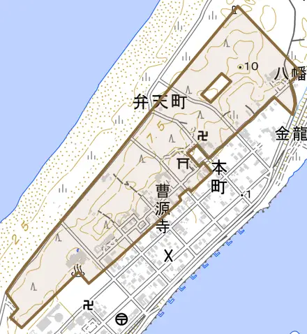 弁天町とその周辺の地図。町の範囲を重ねている