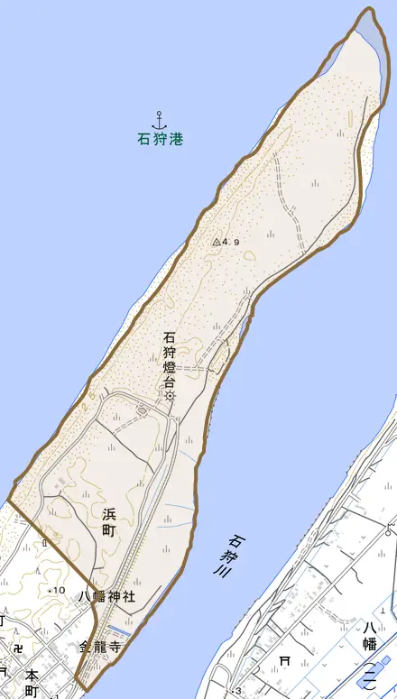 浜町とその周辺の地図。町の範囲を重ねている