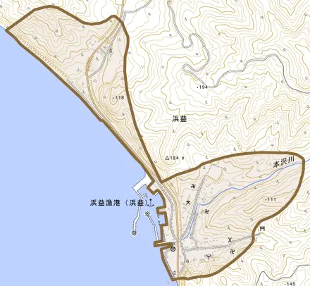 浜益区浜益とその周辺の地図。町の範囲を重ねている