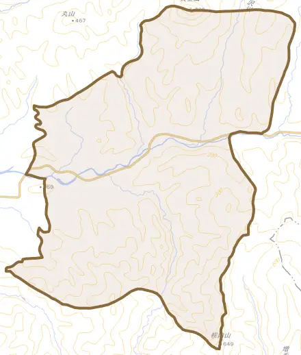 浜益区実田とその周辺の地図。町の範囲を重ねている