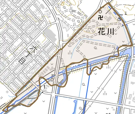 花川とその周辺の地図。町の範囲を重ねている