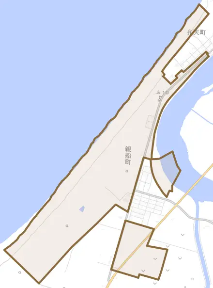 親船町とその周辺の地図。町の範囲を重ねている