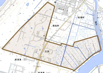 志美とその周辺の地図。町の範囲を重ねている