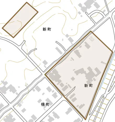 新町とその周辺の地図。町の範囲を重ねている