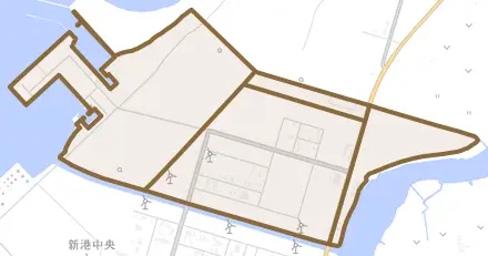 新港東とその周辺の地図。町の範囲を重ねている
