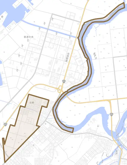 花畔とその周辺の地図。町の範囲を重ねている