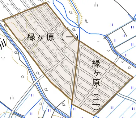 緑ケ原とその周辺の地図。町の範囲を重ねている