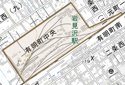 有明町中央とその周辺の地図。町の範囲を重ねている
