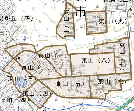 東山とその周辺の地図。町の範囲を重ねている
