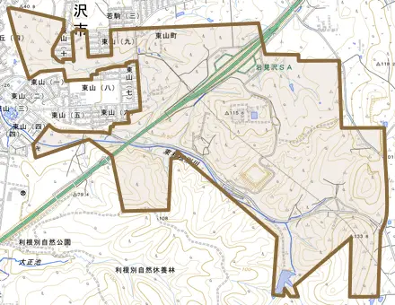 東山町とその周辺の地図。町の範囲を重ねている