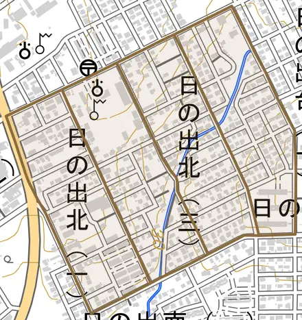 日の出北とその周辺の地図。町の範囲を重ねている