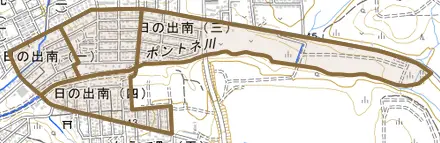 日の出南とその周辺の地図。町の範囲を重ねている
