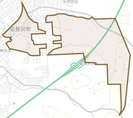 日の出町とその周辺の地図。町の範囲を重ねている