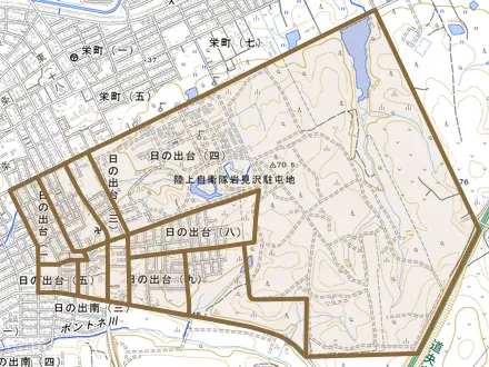 日の出台とその周辺の地図。町の範囲を重ねている