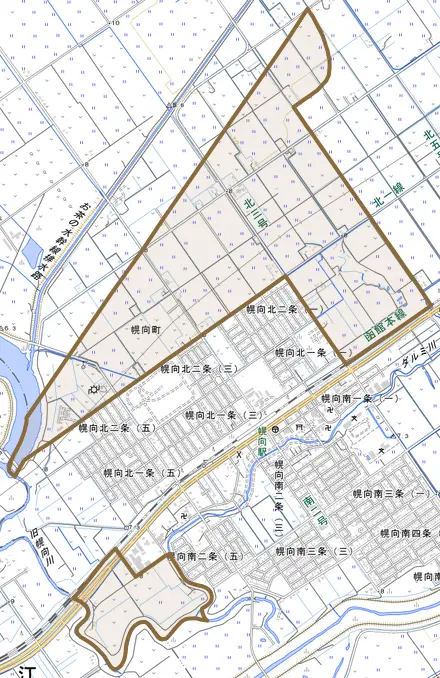 幌向町とその周辺の地図。町の範囲を重ねている