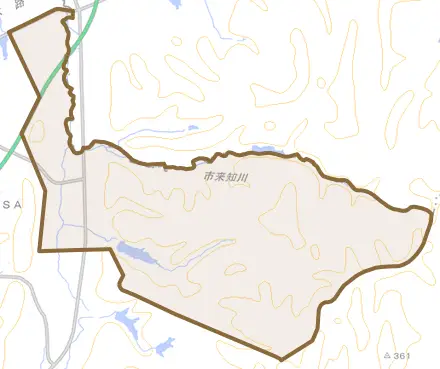 宝水町とその周辺の地図。町の範囲を重ねている