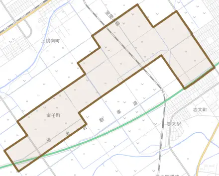 金子町とその周辺の地図。町の範囲を重ねている