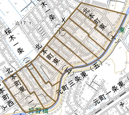 北本町東とその周辺の地図。町の範囲を重ねている