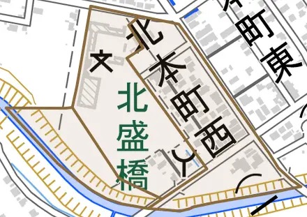 北本町西とその周辺の地図。町の範囲を重ねている