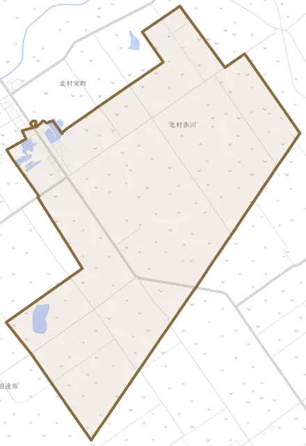 北村赤川とその周辺の地図。町の範囲を重ねている