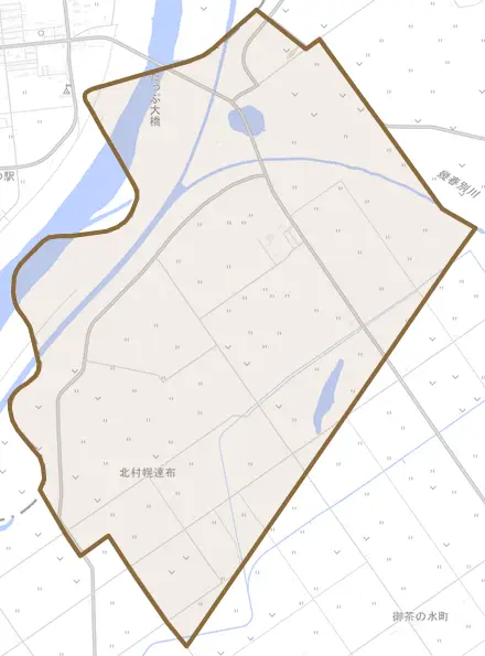 北村幌達布とその周辺の地図。町の範囲を重ねている