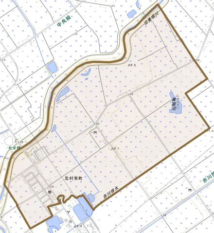 北村栄町とその周辺の地図。町の範囲を重ねている