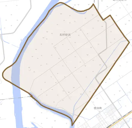 北村砂浜とその周辺の地図。町の範囲を重ねている