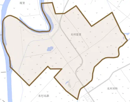 北村豊里とその周辺の地図。町の範囲を重ねている
