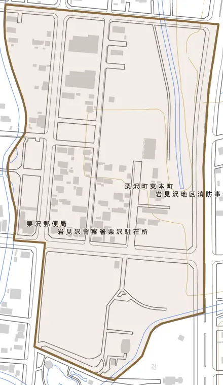 栗沢町東本町とその周辺の地図。町の範囲を重ねている