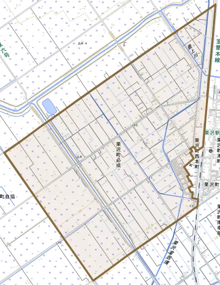 栗沢町必成とその周辺の地図。町の範囲を重ねている