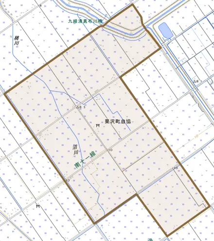 栗沢町自協とその周辺の地図。町の範囲を重ねている