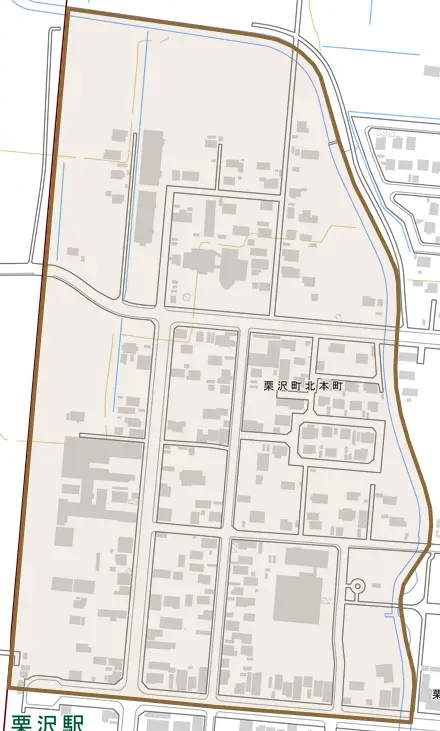 栗沢町北本町とその周辺の地図。町の範囲を重ねている