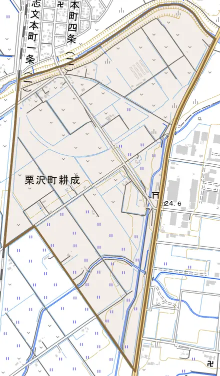 栗沢町耕成とその周辺の地図。町の範囲を重ねている
