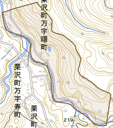 栗沢町万字曙町とその周辺の地図。町の範囲を重ねている