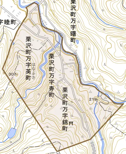 栗沢町万字寿町とその周辺の地図。町の範囲を重ねている