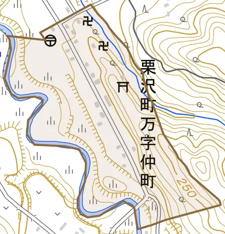栗沢町万字仲町とその周辺の地図。町の範囲を重ねている