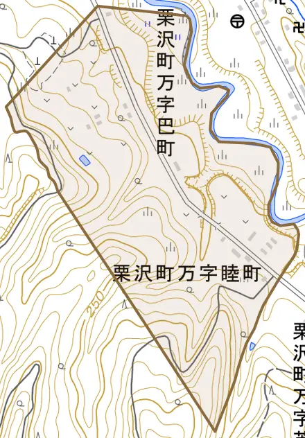 栗沢町万字巴町とその周辺の地図。町の範囲を重ねている