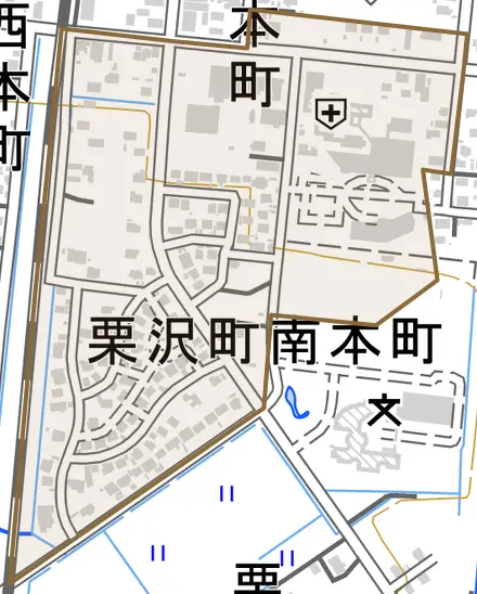 栗沢町南本町とその周辺の地図。町の範囲を重ねている