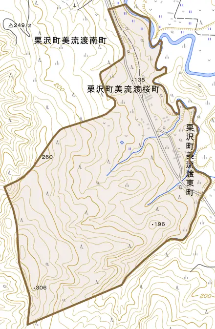 栗沢町美流渡東町とその周辺の地図。町の範囲を重ねている