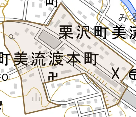 栗沢町美流渡本町とその周辺の地図。町の範囲を重ねている