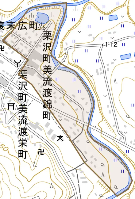 栗沢町美流渡錦町とその周辺の地図。町の範囲を重ねている