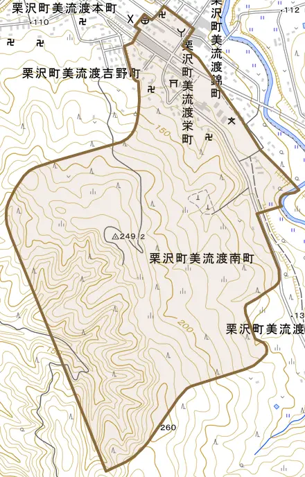 栗沢町美流渡栄町とその周辺の地図。町の範囲を重ねている