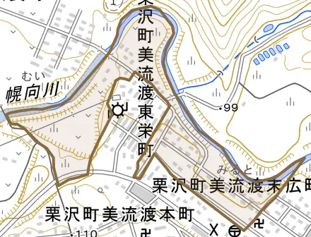 栗沢町美流渡末広町とその周辺の地図。町の範囲を重ねている