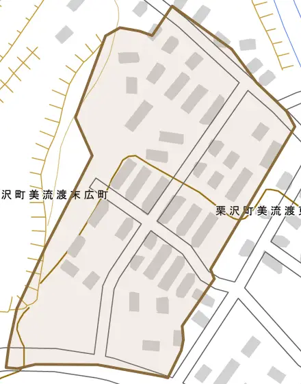 栗沢町美流渡東栄町とその周辺の地図。町の範囲を重ねている
