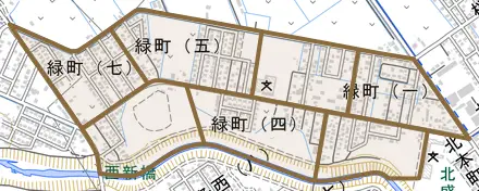 緑町とその周辺の地図。町の範囲を重ねている