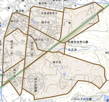 緑が丘とその周辺の地図。町の範囲を重ねている